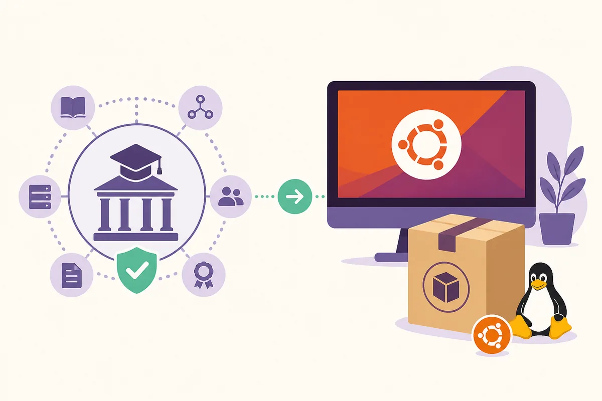 Editorial illustration of a Ubuntu package download being checked before installation