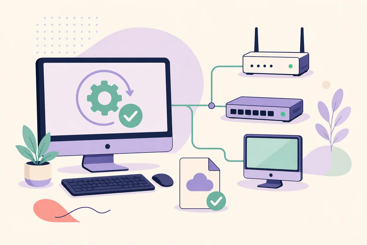 Ilustração editorial de computador verificando dispositivos de rede e projeto salvo