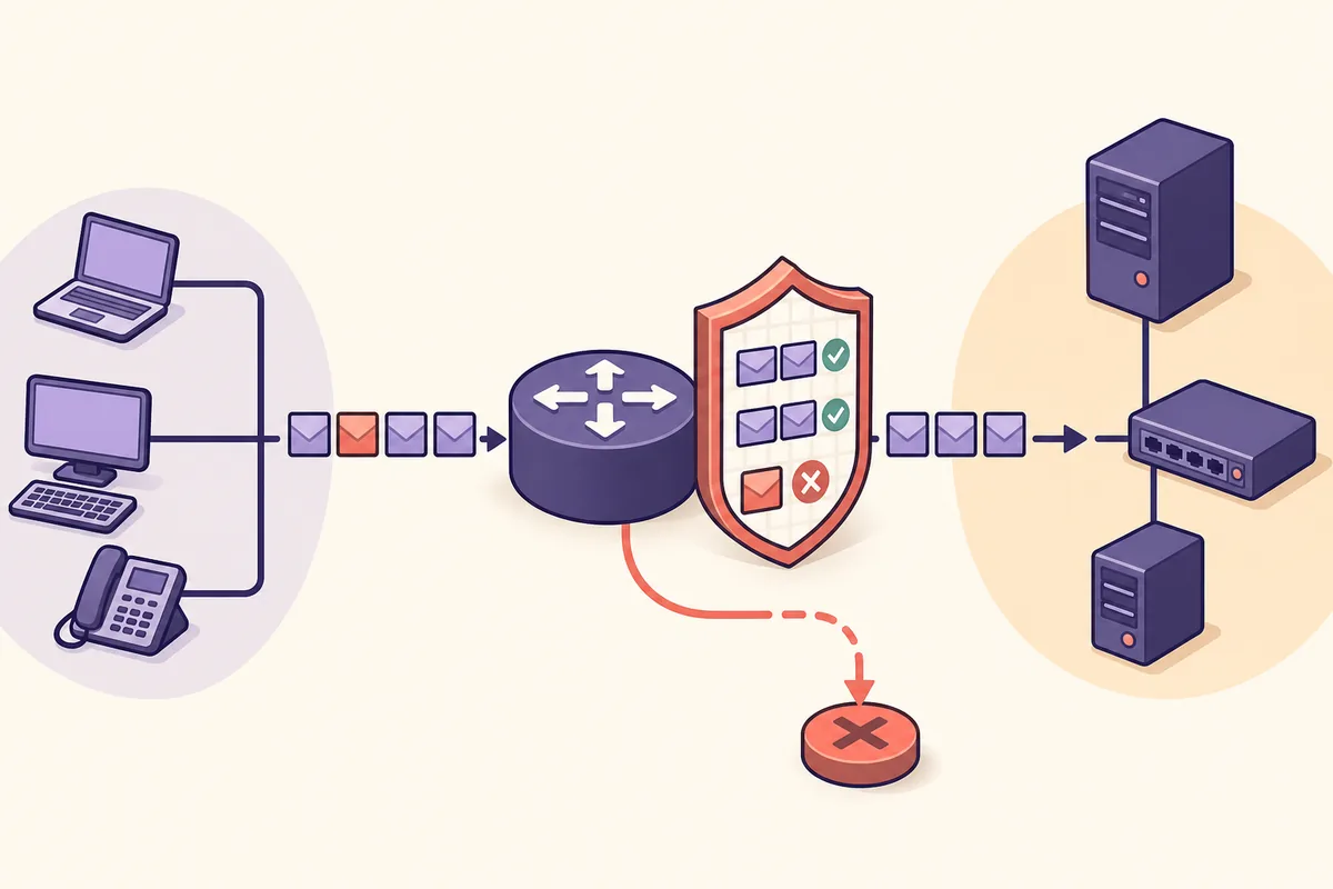 Redaktionelles Netzwerkdiagramm mit erlaubten und verworfenen Paketen an einer Router-ACL