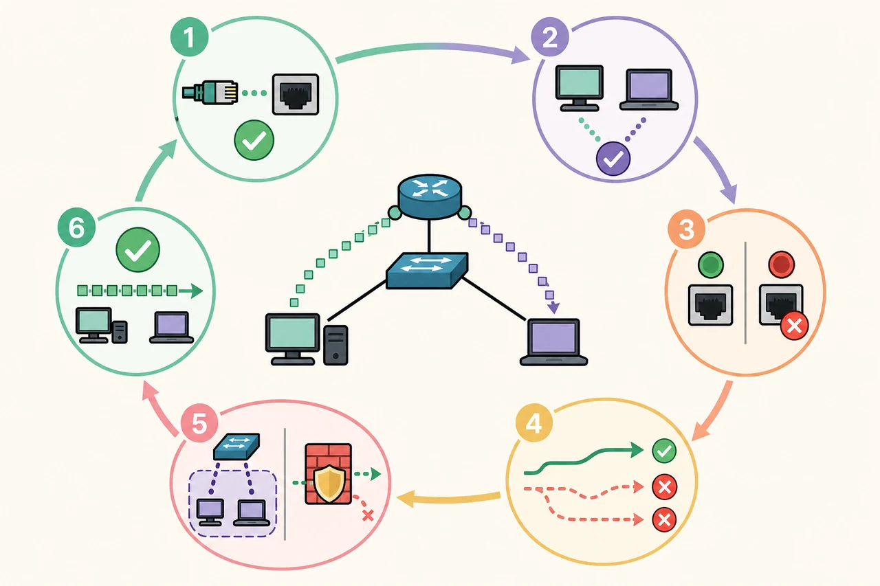 Redaktioneller sechs Schritte umfassender Packet-Tracer-Troubleshooting-Ablauf um Router und Switch