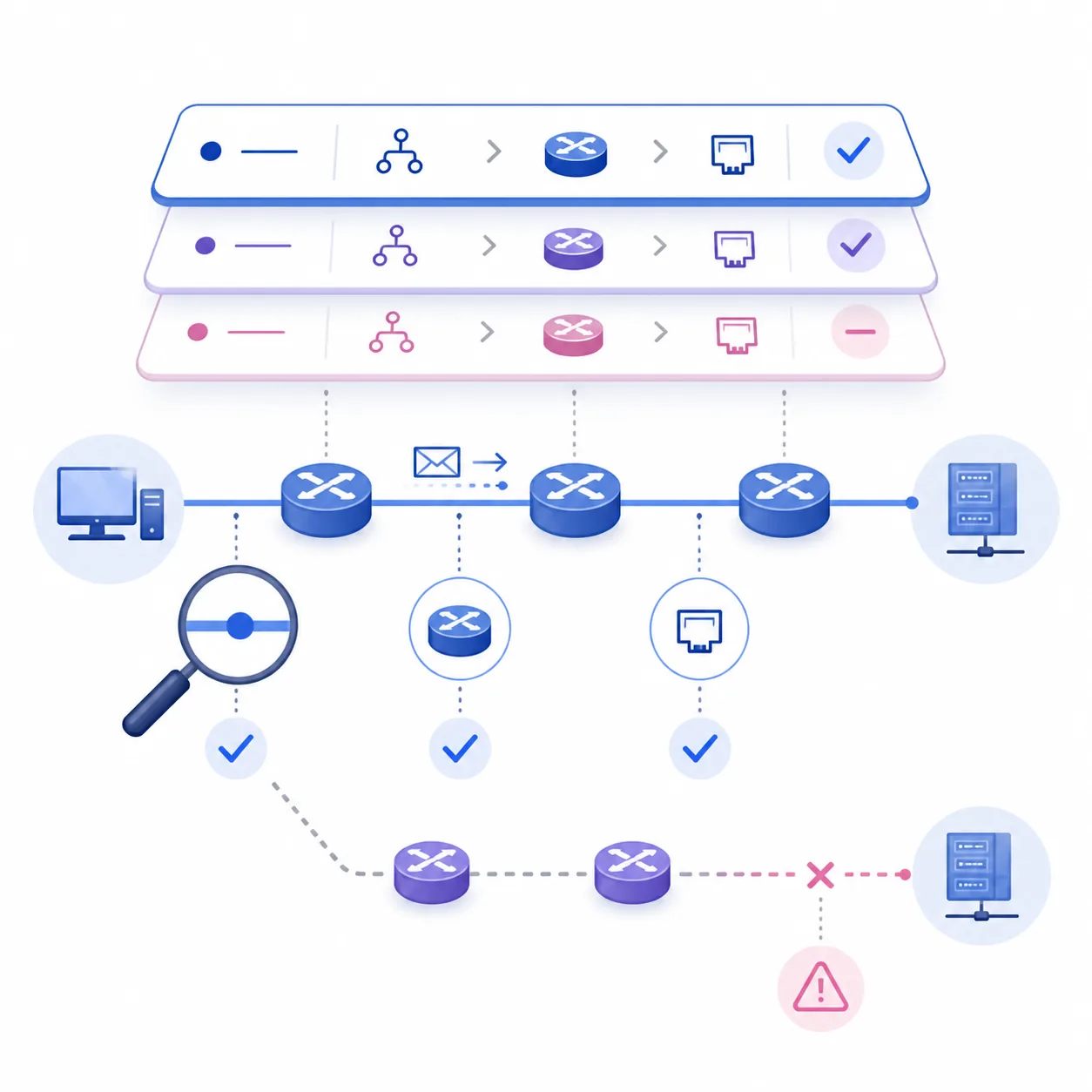 Editorial verification diagram showing route-table checks, packet flow, magnified links, and a failed path warning
