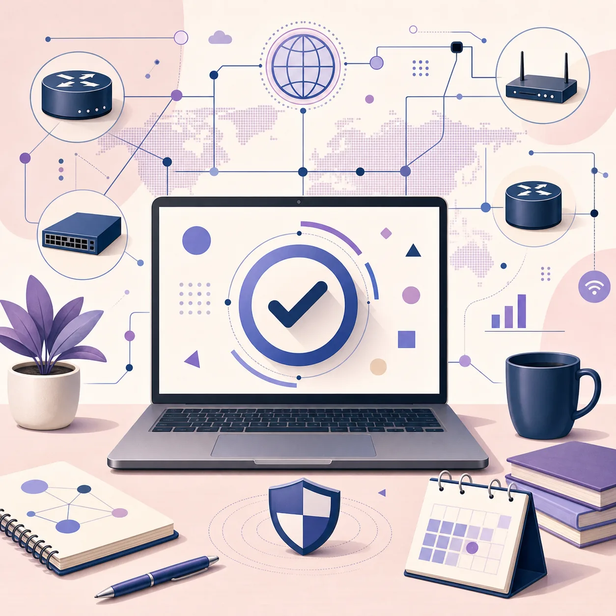 Redaktionelle Illustration eines Laptops, der eine Netzwerksoftware-Version mit Routern, Kalender und Schutzschild prüft