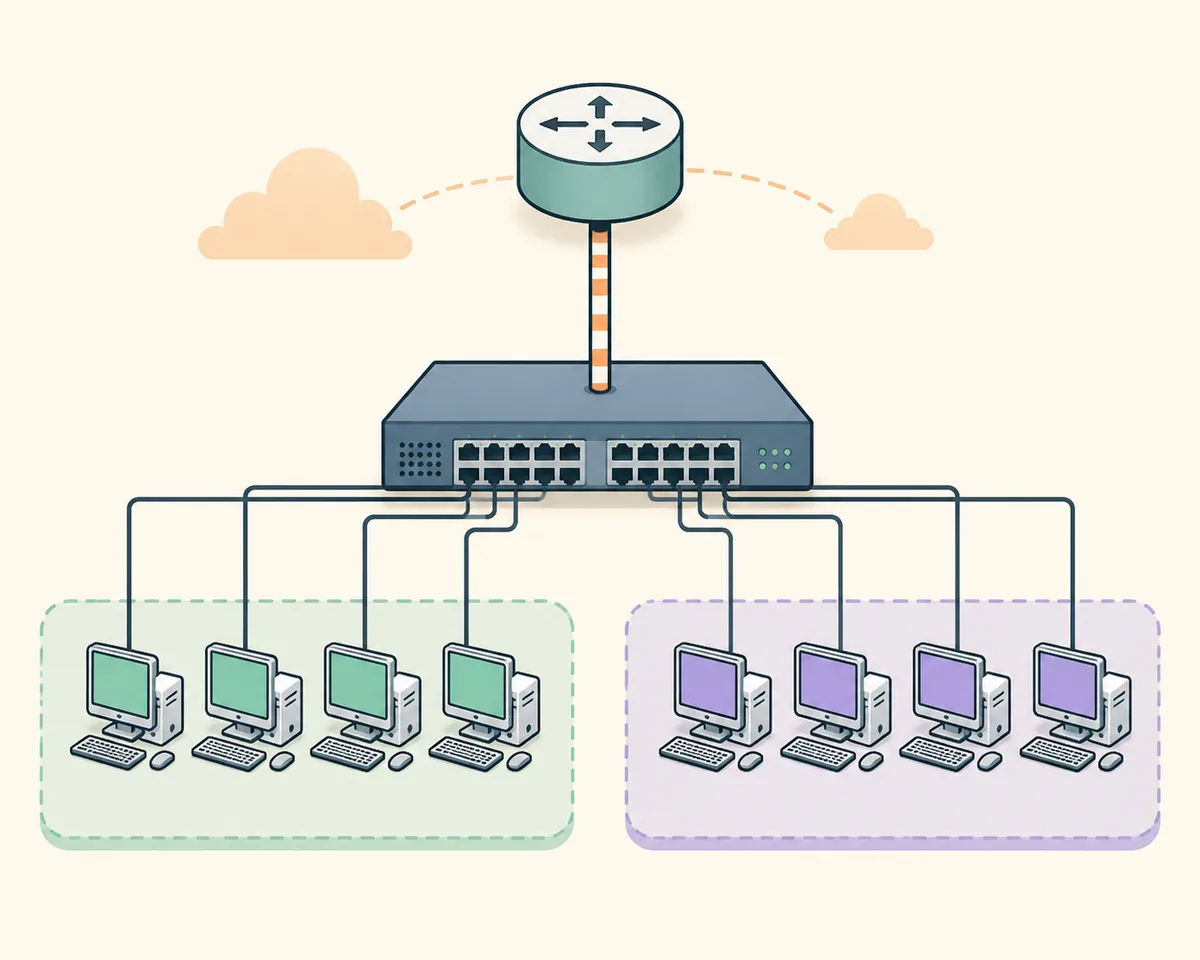 Redaktionelle Netzgrafik mit zwei VLANs, Trunk und Inter-VLAN-Routing in Packet Tracer