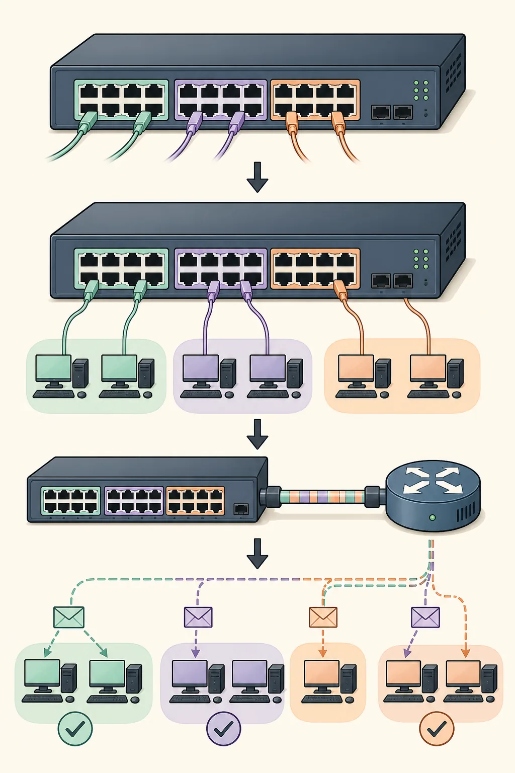 Vierstufige redaktionelle Illustration für VLAN-Erstellung, Access-Ports, Trunk und Hosttests